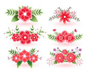 beautiful set of decorative flowers with leaves