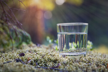 A glass of water on a moss covered stone. The forest background is blurred.