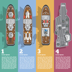 Illustration of various warships. View from above. Design a presentation template. Vector illustration.  © caryblade