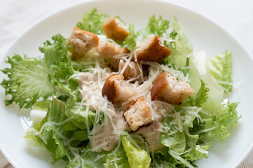 Lettuce salad with cheese and crouton in a white dish. Food delivery.