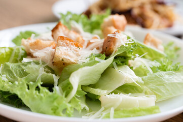 Lettuce salad with cheese and crouton in a white dish. Food delivery.
