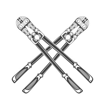 Vintage monochrome crossed bolt cutter illustration. Isolated vector template