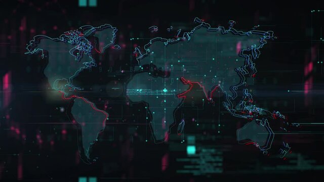 World map glitch effect background. Motion graphic 2d design.