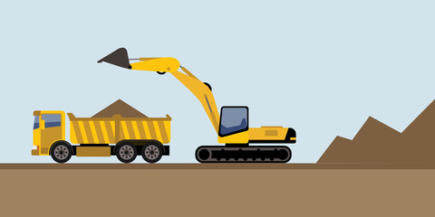excavator and truck on the ground loading dirt, vector illustration  © cosastocker