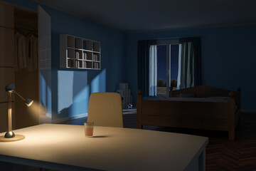 3d rendering of bedroom at night with shining desk lamp