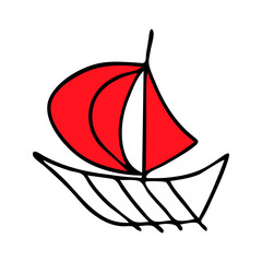 Beautiful hand-drawn black vector illustration of one toy boat with red sails isolated on a white background for coloring book for children
