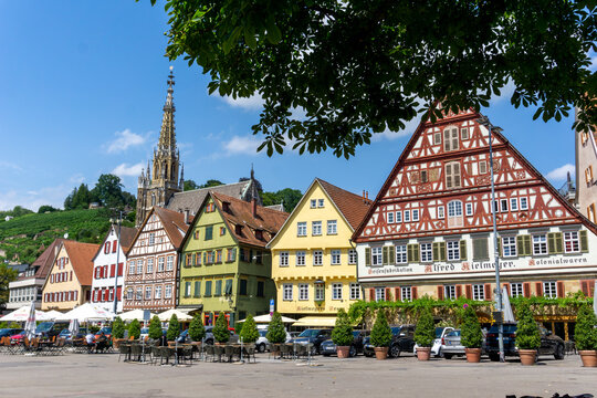 view of the market square and traditional half-timbered houses in Esslingen