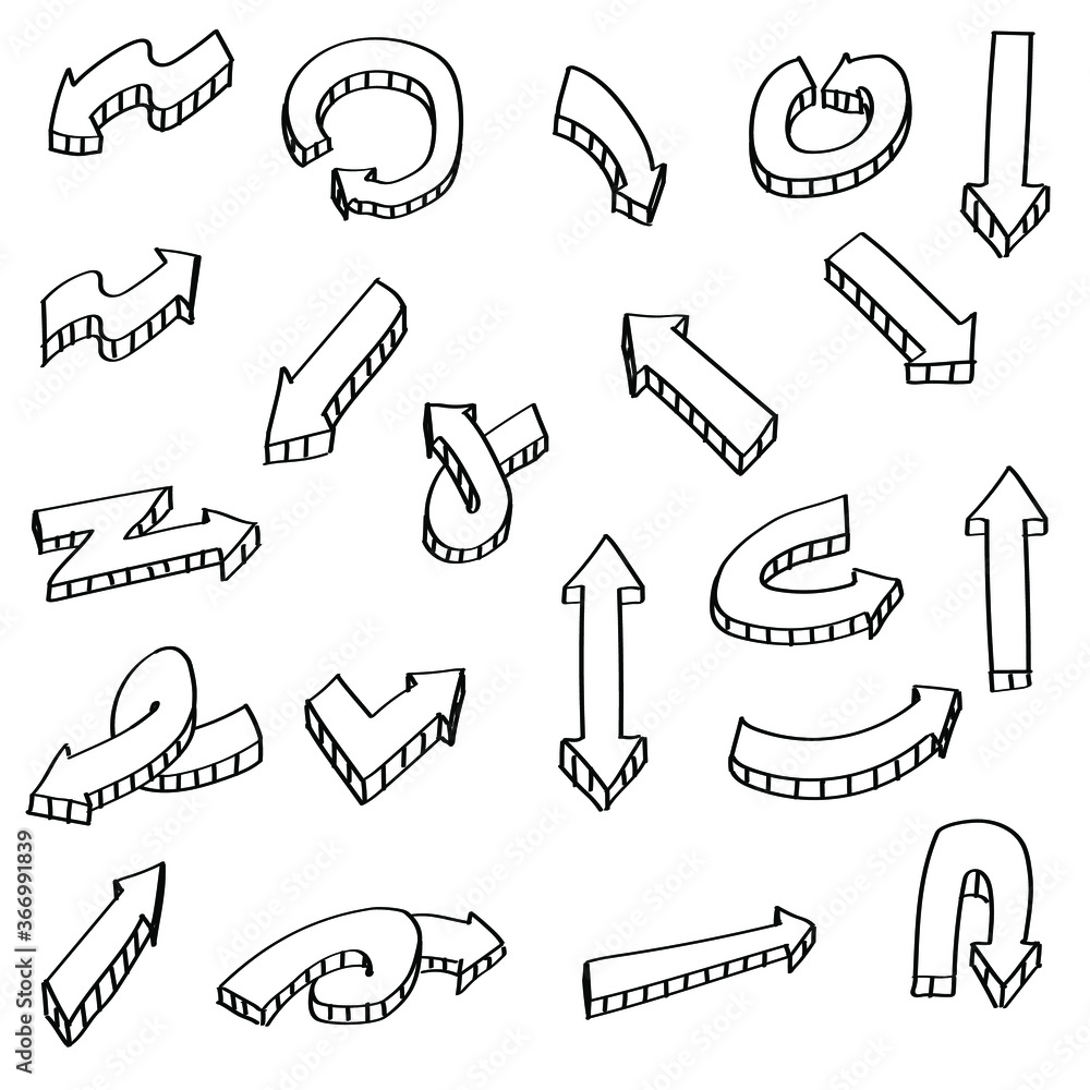 Poster abstract set black collection hand drawn different arrows elements vector design sketch style doodle