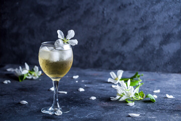 Apple cider or Calvados with ice cubes in wine glass. Refreshing cool summer drink, lemonade or ice tea decorated with apple tree petals. Copy space for text, low key.