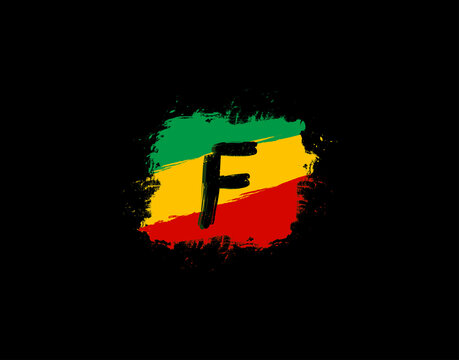 F Letter Logo In Square Grunge Shape With Splatter and Rasta Color. Letter F Reggae Style Icon Design.