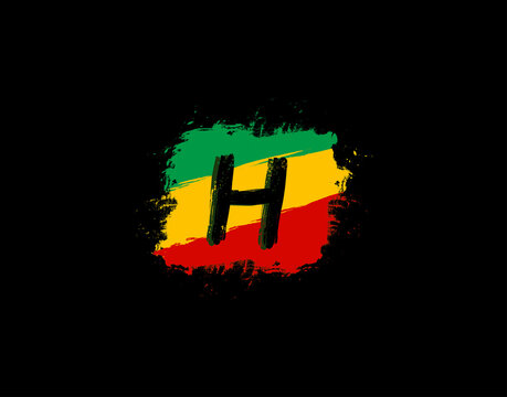 H Letter Logo In Square Grunge Shape With Splatter and Rasta Color. Letter B Reggae Style Icon Design.