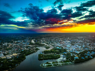 Aerial view of Yaroslavl from the Assumption Cathedral and Strelka Park at sunset.
