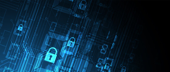 internet digital security technology concept for business background. Lock on circuit board
