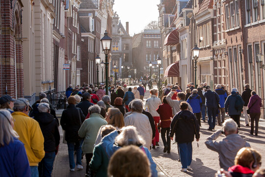 Hoorn, Netherlands;  Crowds of mostly local people walking the streets of downtown Hoorn
