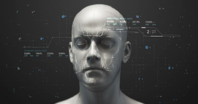 Futuristic Bionic Robot Face Moving His Head Slowly With HUD Data. Artificial Intelligence - Technology Related 3D 4K Animation