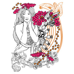 girl design with flowers around, vectorel drawing pattern.eps