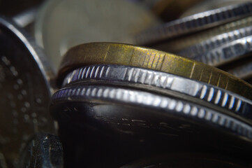Coins, rubles, in bulk, close-up. Low key.