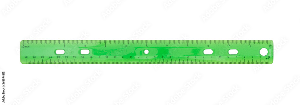 Wall mural Green plastic 12-inch ruler isolated on white