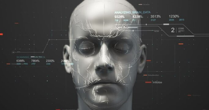 Advanced Humanoid Robot Head Zooming Slowly With HUD Data - Artificial Intelligence - Technology Related 3D 4K Animation