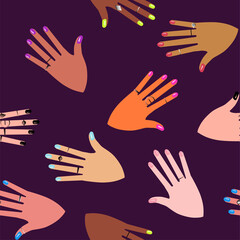 Seamless pattern with hands showing manicure and nail care on purple background. Vector illustration.