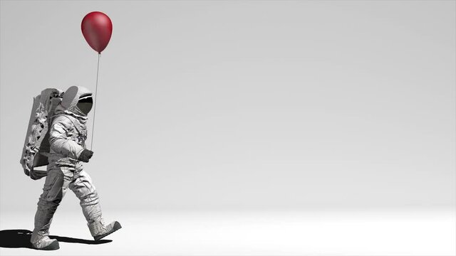Astronaut walking on the white Screen with red balloons. Elements of this video furnished by NASA. 3d rendering. With alpha channel.