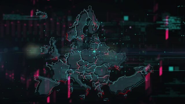 Europe map glitch effect background. Motion graphic 2d design.
