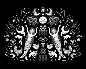 Modern bohemian style, folk tribal art in the Scandinavian style. Folk mythology, Swedish folklore. animals and plants.