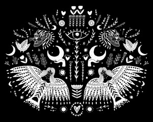 Obraz premium Modern bohemian style, folk tribal art in the Scandinavian style. Folk mythology, Swedish folklore. animals and plants.