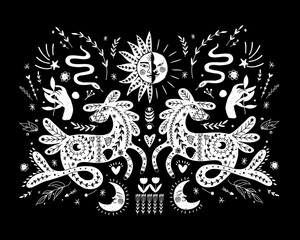 Modern bohemian style, folk tribal art in the Scandinavian style. Folk mythology, Swedish folklore. animals and plants.