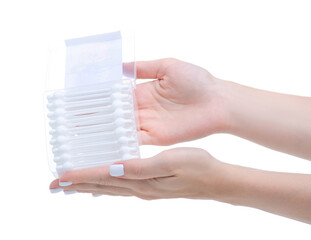 Baby cotton swabs in hand on white background isolation