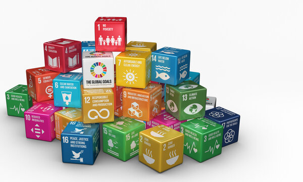 3D rendering colorful cubes Illustration of Sustainable Development Goals. SDG Icons Symbols for Presentation Article, Website Report, Brochure, Poster for NGO & Social work. 3D Illustration.