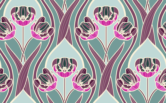 Art Nouveaul Seamless Pattern with Tulip Flowers.
