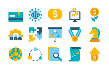 icon set of money and strategy, flat style