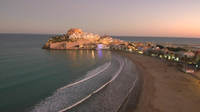 Beautiful Castle at sunset in the  spanish  coast. Drone Footage