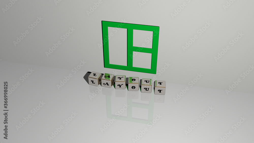 Poster 3d representation of layout with icon on the wall and text arranged by metallic cubic letters on a m