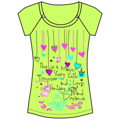 vector illustration of t-shirt textile vs heart, angel girl and frog.eps