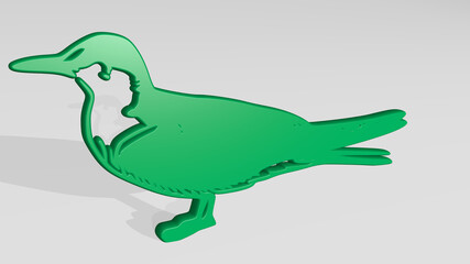 bird stand with shadow. 3D illustration of metallic sculpture over a white background with mild texture. animal and beautiful