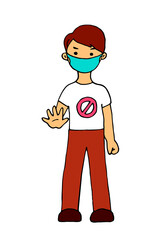 A man in a protective medical mask, hand forward. Stop the virus! 2019-ncov. Coronavirus. Colorful vector doodle illustration.