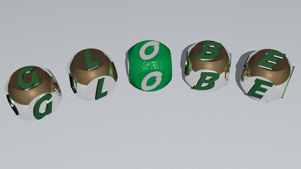 crosswords of GLOBE arranged by cubic letters on a mirror floor, concept meaning and presentation. illustration and background