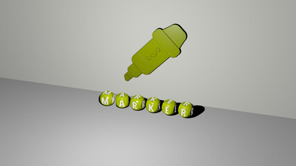 3D representation of marker with icon on the wall and text arranged by metallic cubic letters on a mirror floor for concept meaning and slideshow presentation. illustration and background
