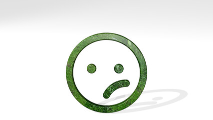 SMILEY UNHAPPY casting shadow with two lights. 3D illustration of metallic sculpture over a white background with mild texture. face and icon