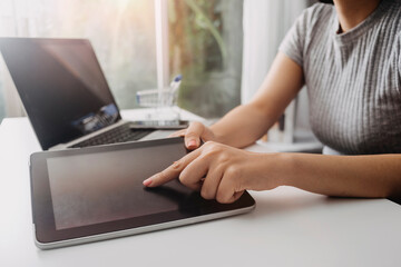 Searching Browsing Internet Data Information with blank search bar.businessman working with smart phone, tablet and laptop computer on desk in office. Networking Concept