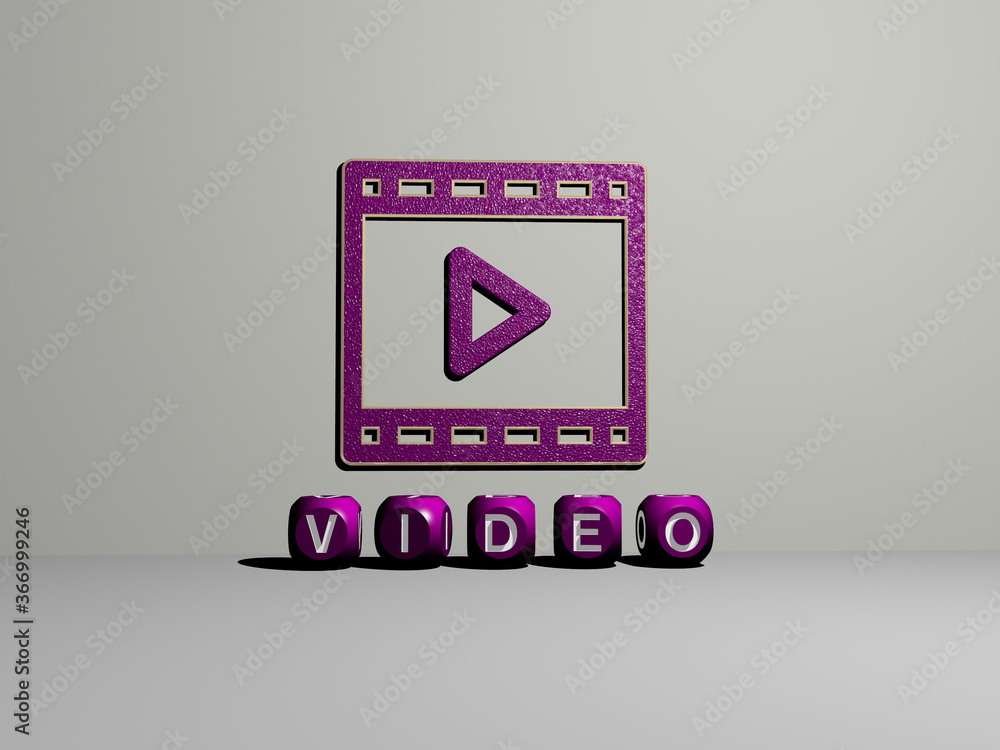 Fototapete 3d illustration of video graphics and text made by metallic dice letters for the related meanings of