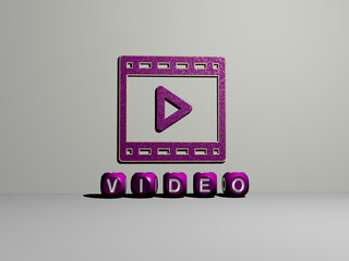 3D illustration of video graphics and text made by metallic dice letters for the related meanings of the concept and presentations. background and camera