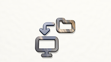 Fototapeta premium monitor transfer folder from a perspective on the wall. A thick sculpture made of metallic materials of 3D rendering. illustration and computer