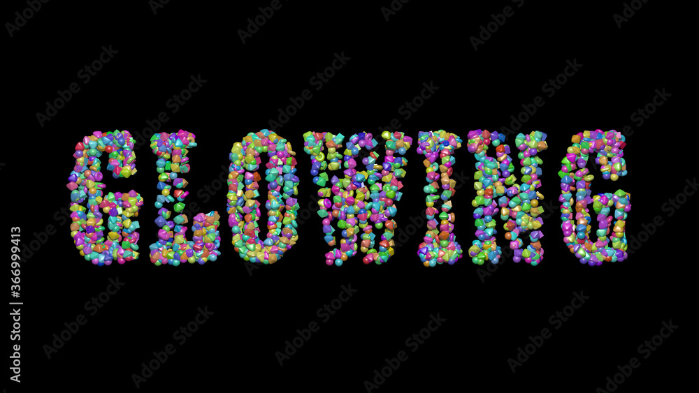 Poster glowing: 3d illustration of the text made of small objects over a black background with shadows. abs