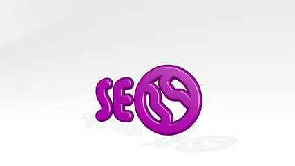 SEO NETWORK from a perspective with the shadow. A thick sculpture made of metallic materials of 3D rendering. illustration and business