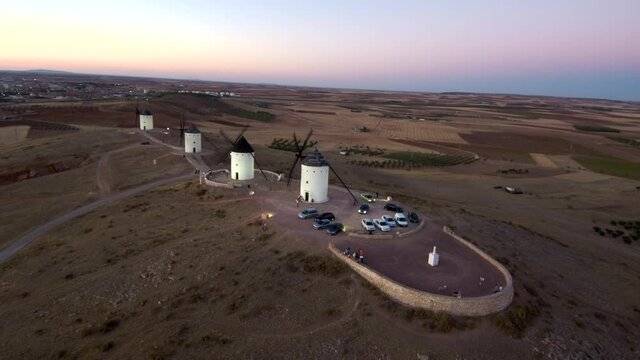 Aerial view of spanish windmills in the Route of Don Quixote. Drone Footage