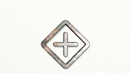 road sign crossroad made by 3D illustration of a shiny metallic sculpture on a wall with light background. city and car