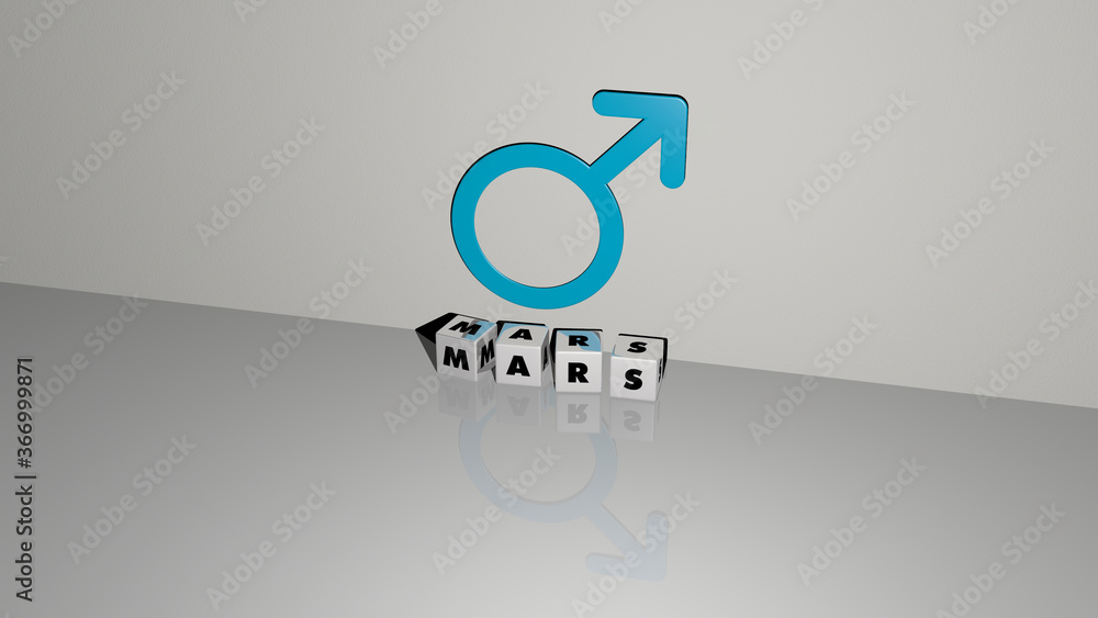 Poster 3d representation of mars with icon on the wall and text arranged by metallic cubic letters on a mir